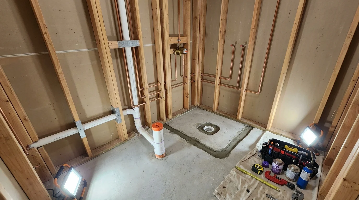 Bathroom rough-in plumbing during remodel by Johns Plumbing LLC in Perryman