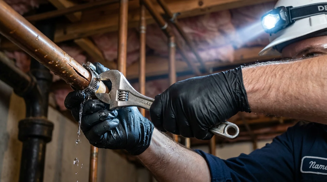 Emergency pipe clamp repair being performed by a Johns Plumbing LLC plumber in Perryman