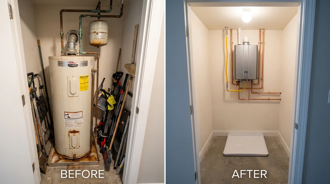 Tank water heater versus wall-mounted tankless unit comparison for Perryman, MD homeowners