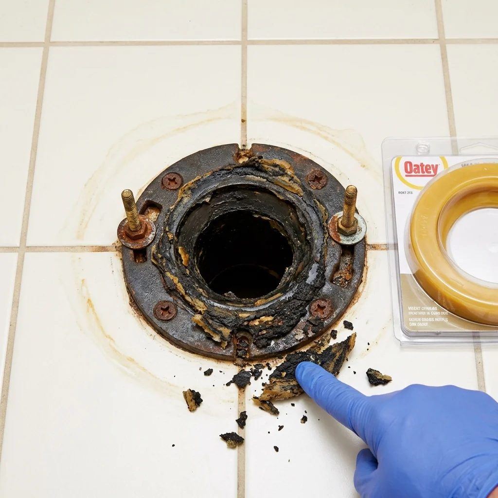 Failed wax ring showing water seepage at the base of a toilet in a Perryman, MD home