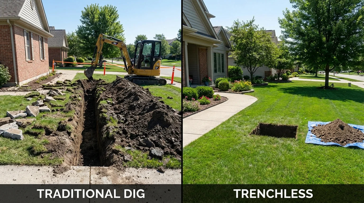 Trenchless sewer repair with minimal yard damage versus traditional excavation in Perryman, MD