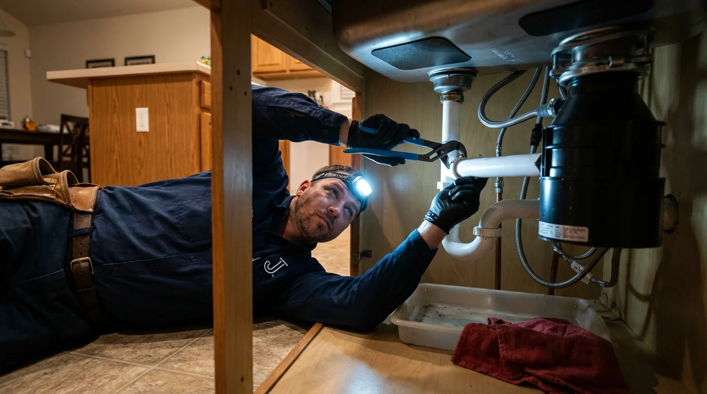 P-trap and supply line connections under a kitchen sink showing a common leak point in Perryman, MD